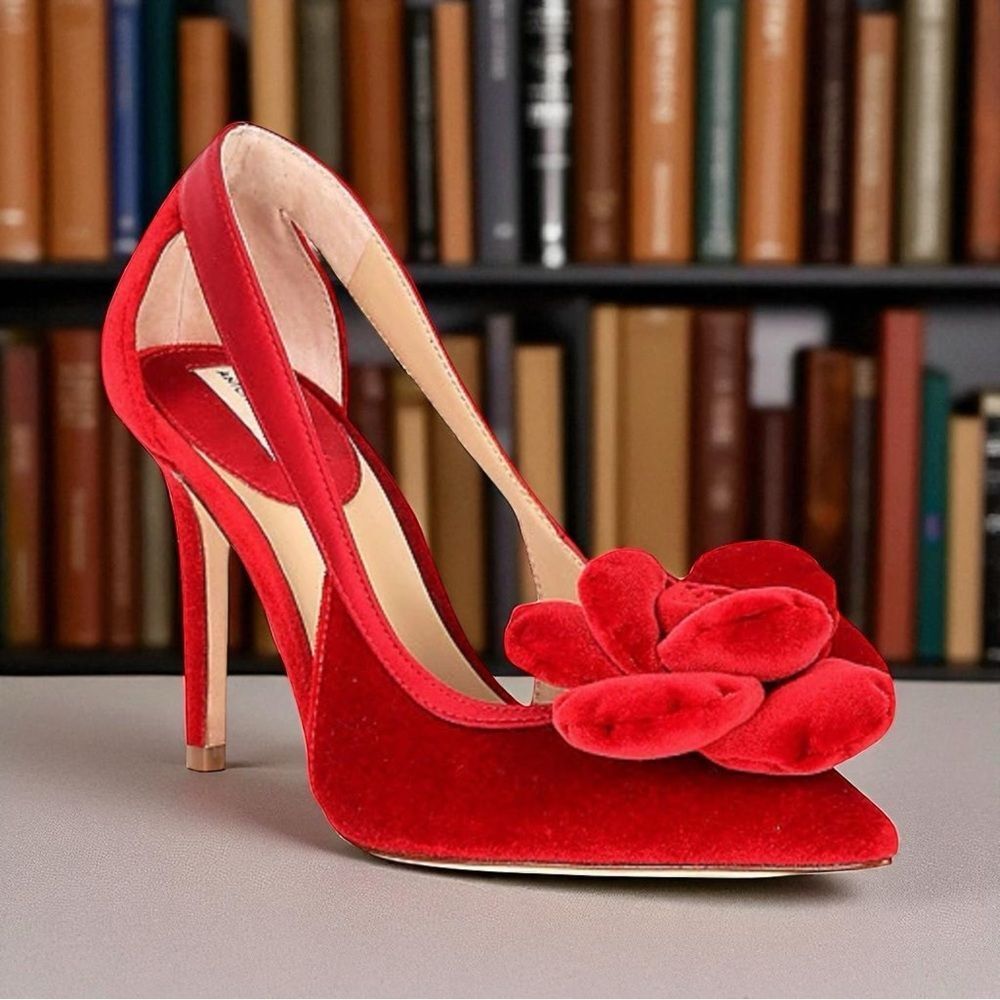 🌟 ANTONIO MELANI ESTER Velvet Red Flower Heel Pumps